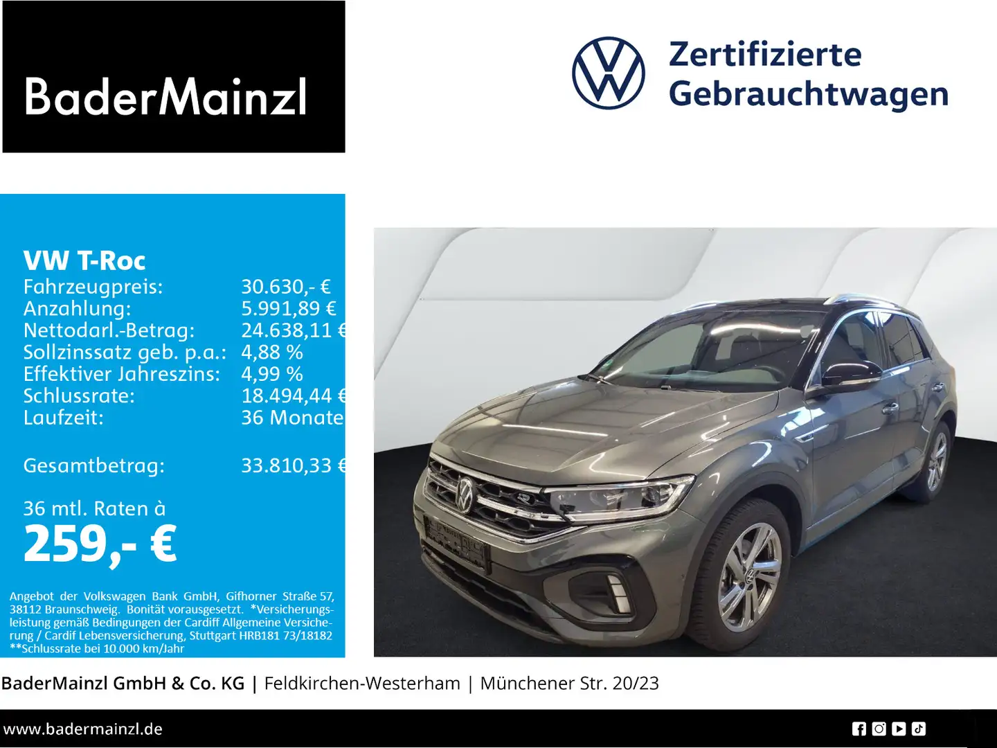 Volkswagen T-Roc 1.5 TSI DSG R-Line AHK Kamera ACC Navi SHZ Grau - 1
