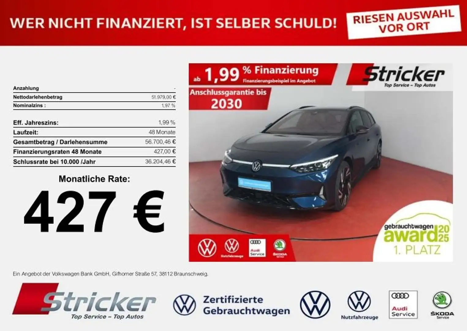 Volkswagen ID.7 Tourer GTX 250/86 427,-ohne Anzahlung AHK Pano Blau - 1