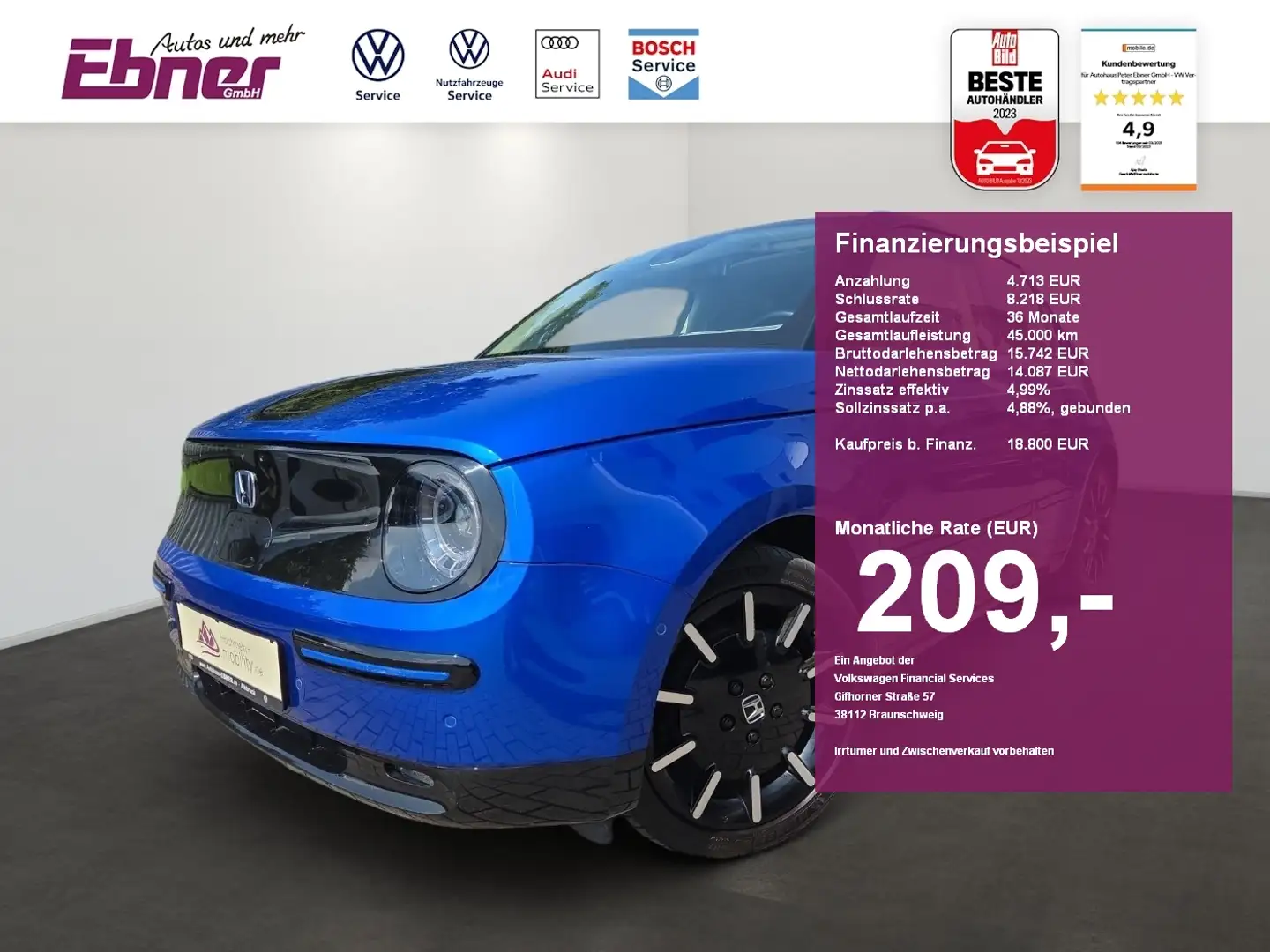 Honda e NP:43tEUR! ADVANCE LEDER SCHWARZ+URBAN+ACC+LED+NAV Bleu - 1