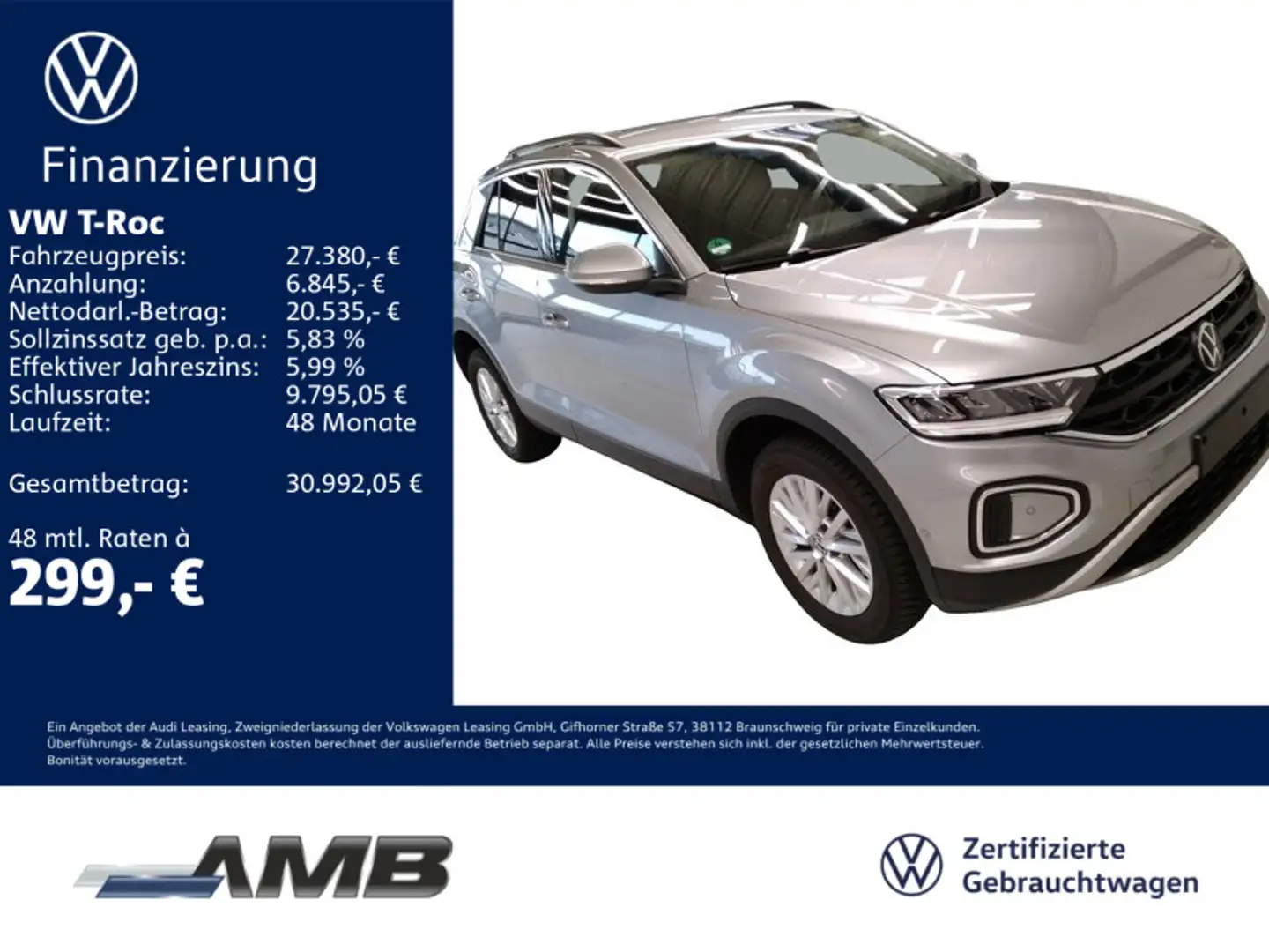 Volkswagen T-Roc Life 2.0 TDI AHK/LED/ACC/Navi/RFK/05.30Gar Silber - 1