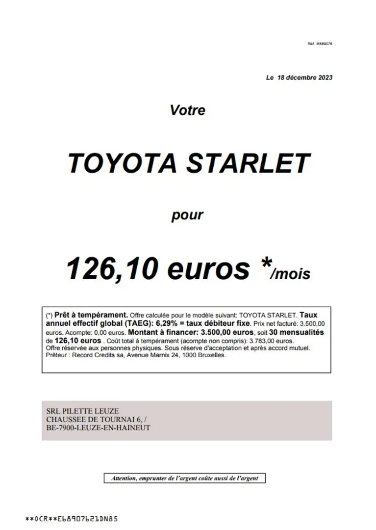 Toyota Starlet starlet*1.3 i*82911km*Automatique*30x126.10€ Bianco - 2