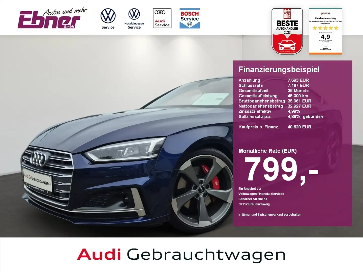 Audi S5 Sportback TFSI HEAD-UP+AHK+KLIMASITZ+MEMORY+KEYLES Blau - 1
