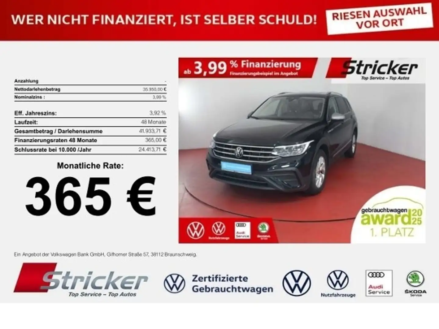Volkswagen Tiguan Allspace Life 2.0TDI DSG 365,-ohne Anzahlung AHK 7-Sitzer Černá - 1