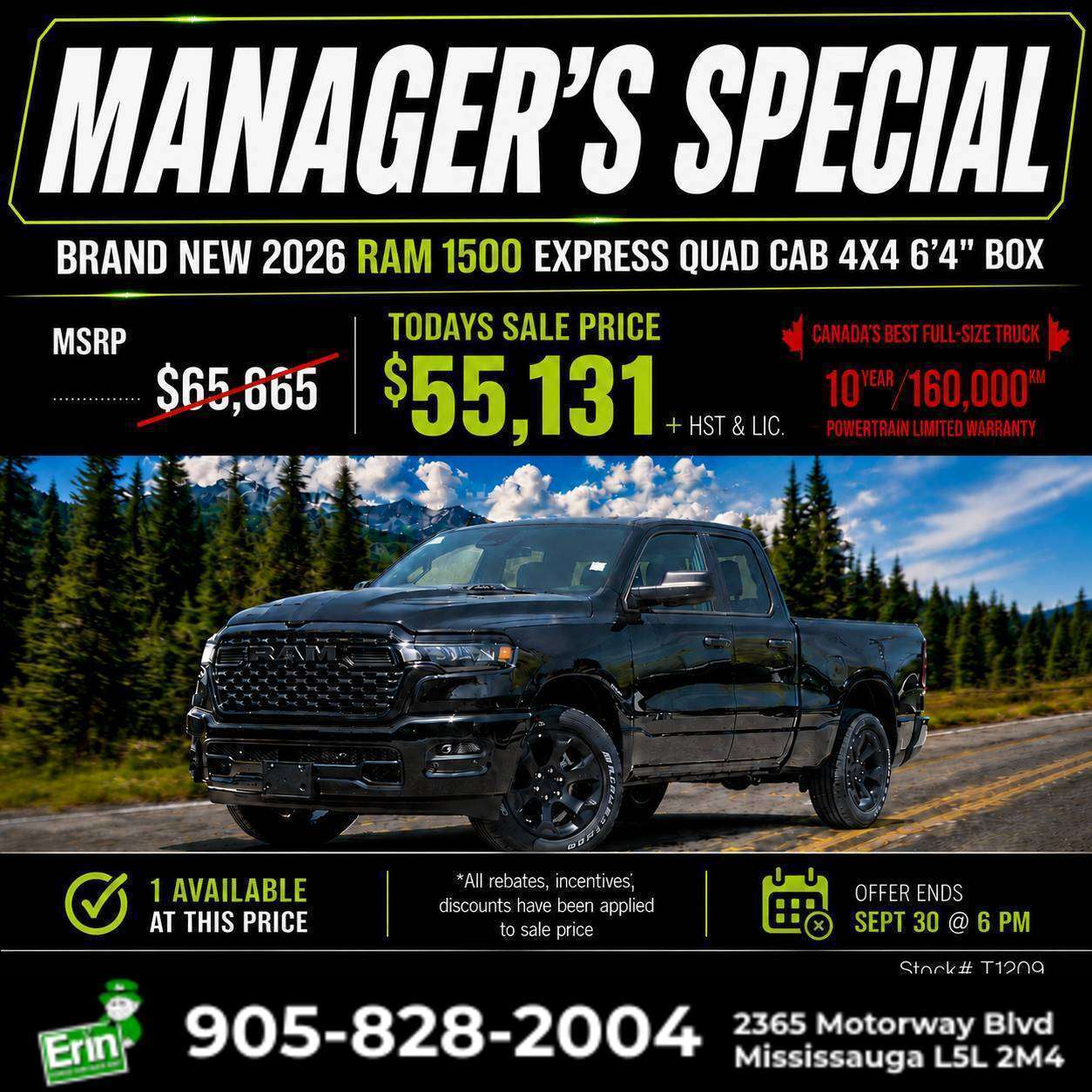 Black 2026 RAM 1500 Pickup Truck Four-Wheel Drive 8-Speed Automatic