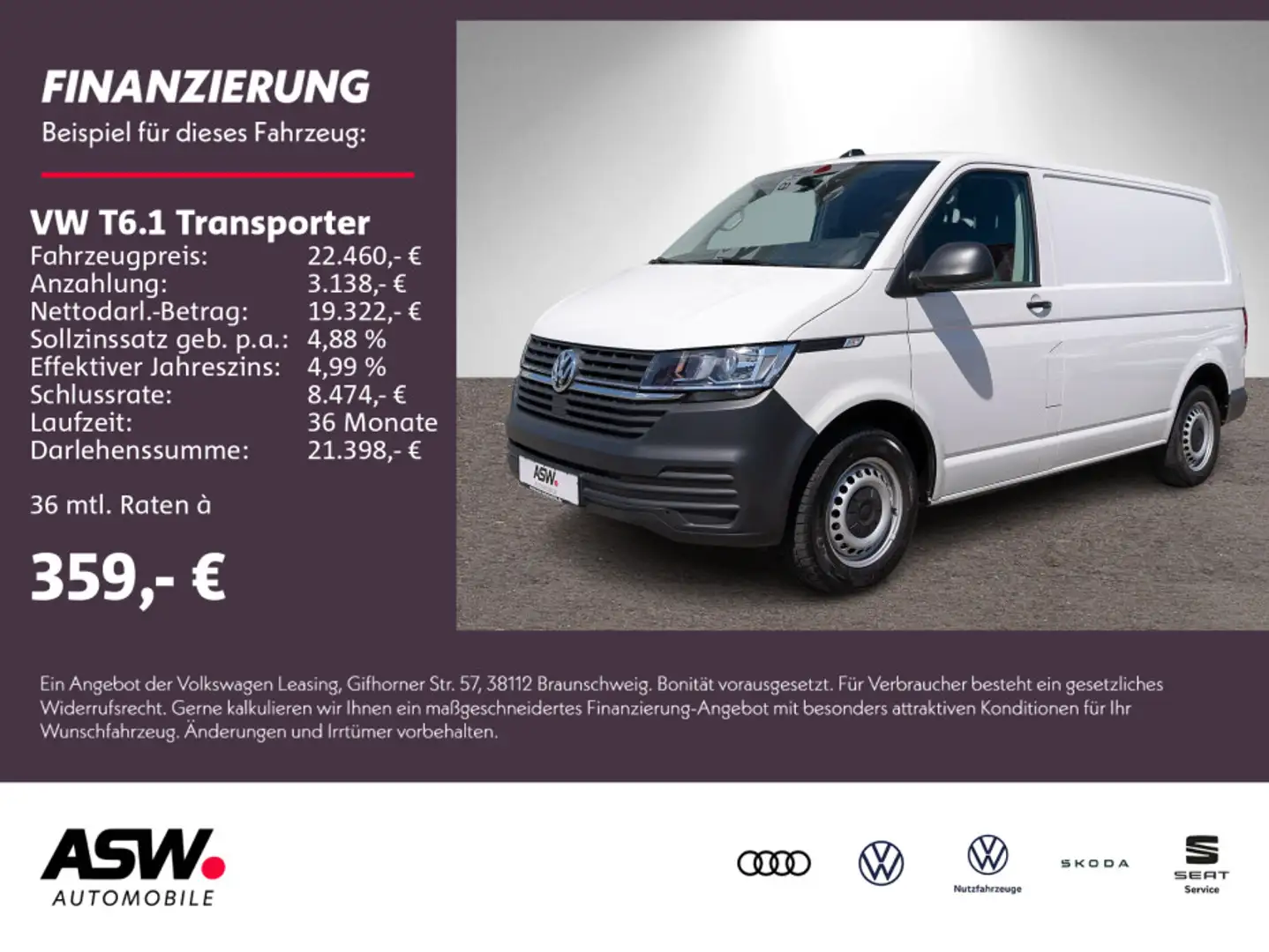 Volkswagen T6.1 Transporter Kasten 2.0TDI Nav PDC AHK Klima Weiß - 1