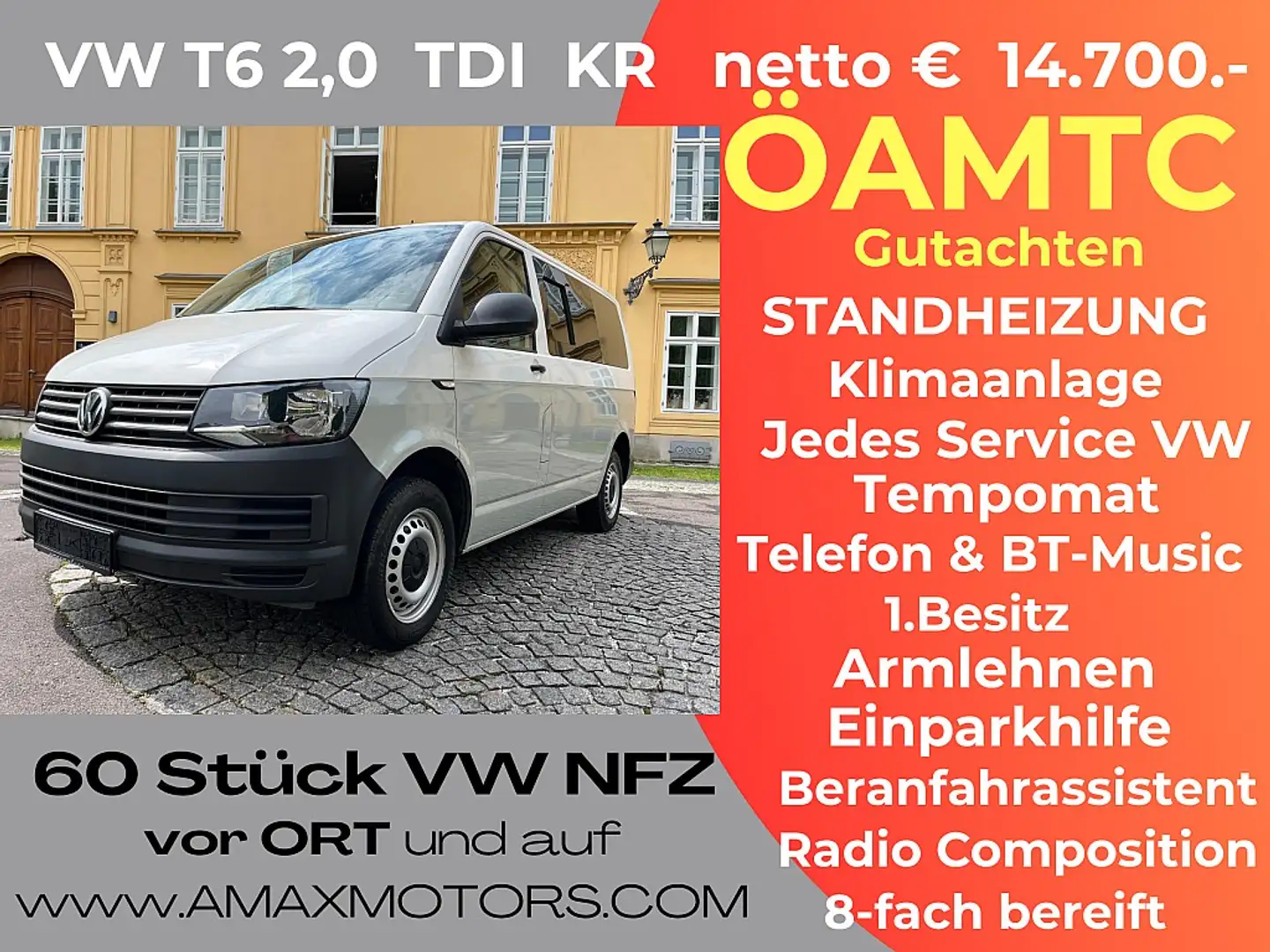 Volkswagen T6 Transporter 2,0 TDI KR Heckklappe, Klima, 1.Besitz, Parkpil... Blanc - 1