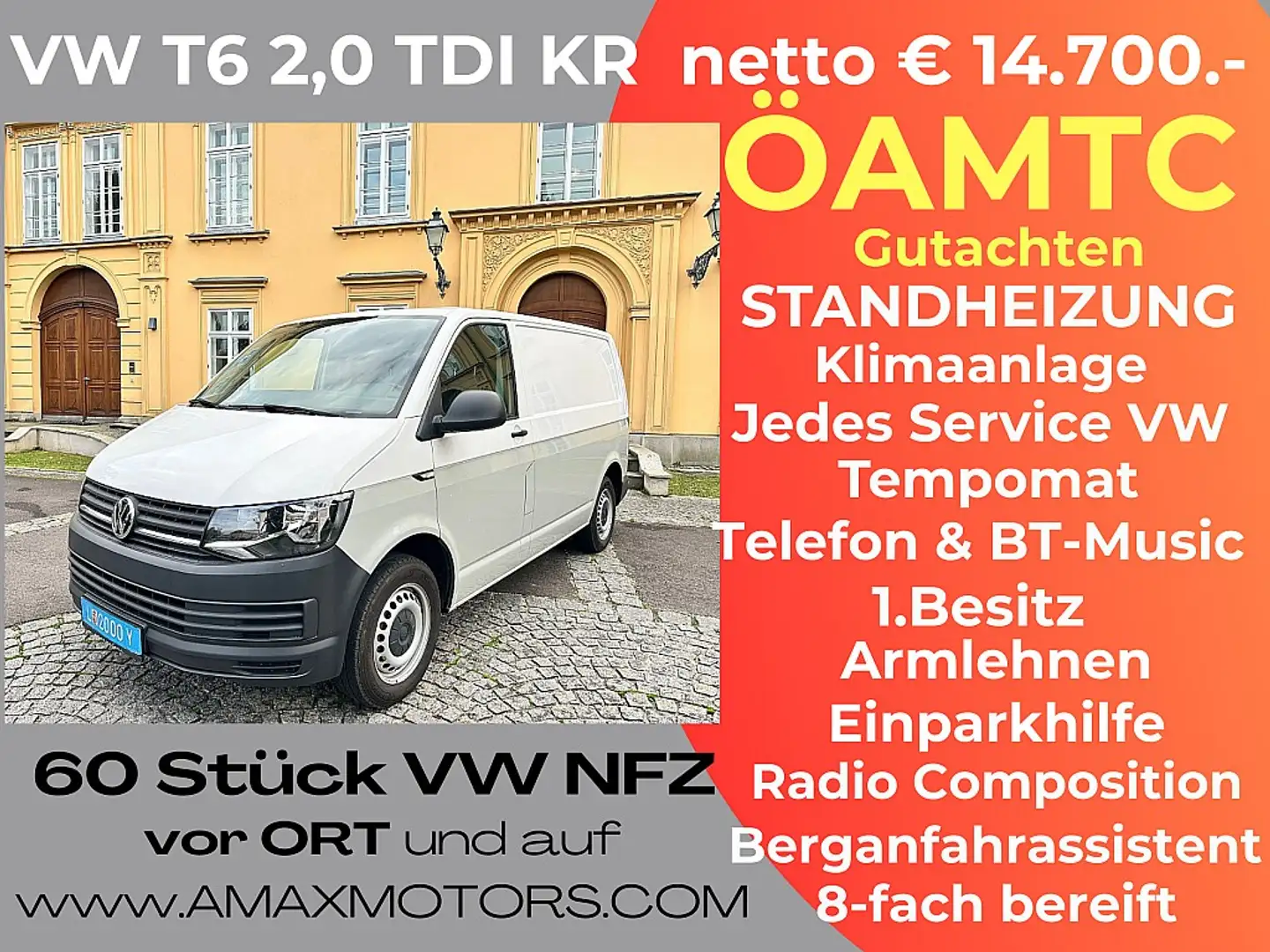 Volkswagen T6 Transporter 2,0 TDI KR Heckklappe, Klima, 1.Besitz, Parkpil... Weiß - 1