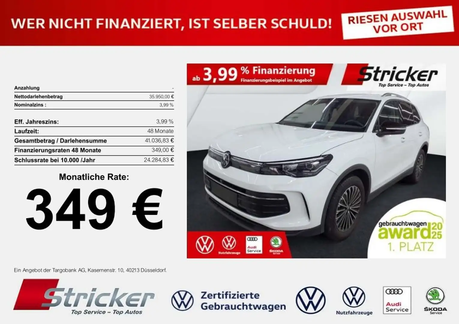 Volkswagen Tiguan Goal 2.0TDI DSG 349,-ohne Anzahlung Navi AHK Kame Weiß - 1