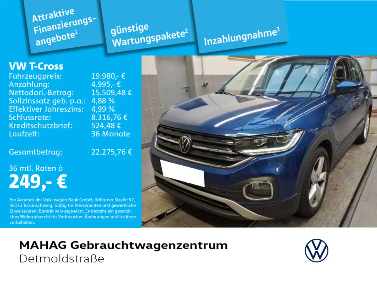 Volkswagen T-Cross Style 1.0 TSI LED Navi ParkPilot AppConn Bleu - 1