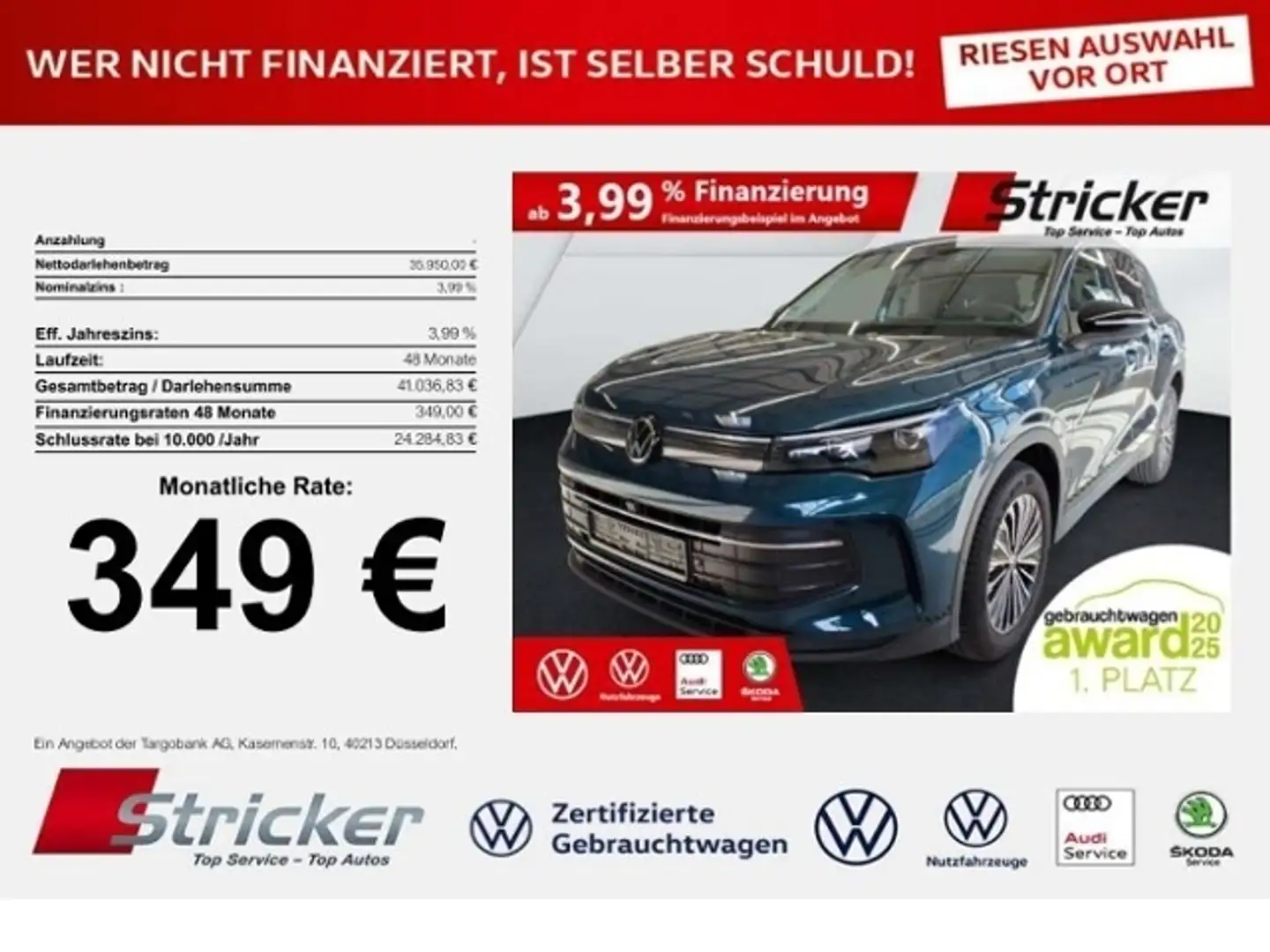 Volkswagen Tiguan Goal 2.0TDI DSG 349,-ohne Anzahlung Navi AHK Kame Blau - 1