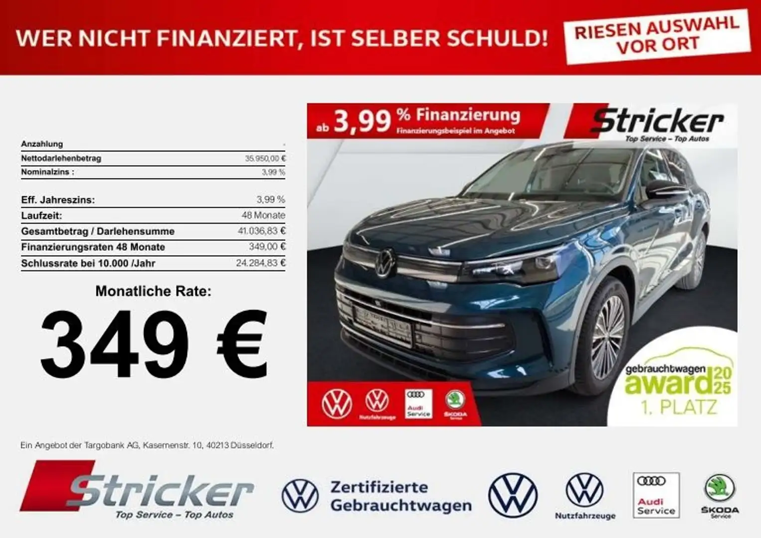 Volkswagen Tiguan Goal 2.0TDI DSG 349,-ohne Anzahlung Navi AHK Kame Blau - 2