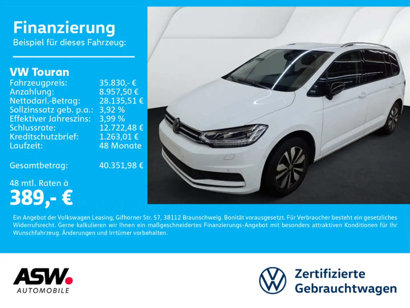 Volkswagen Touran Goal 2.0 TDI DSG LED Navi PDC ACC AHK 7-S Weiß - 1