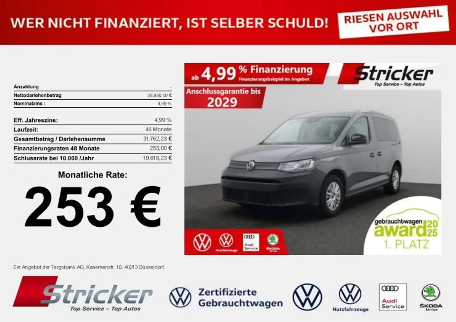 Volkswagen Caddy Kombi 2.0TDI 253,-ohne Anzahlung AHK Kamera Grau - 1