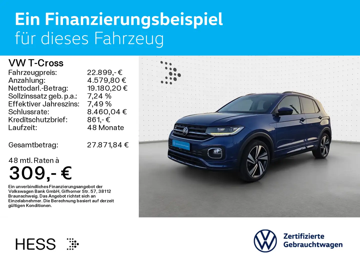 Volkswagen T-Cross 1.0 TSI DSG R-LINE*NAVI*LED*SHZ*PDC*ACC* Blau - 2