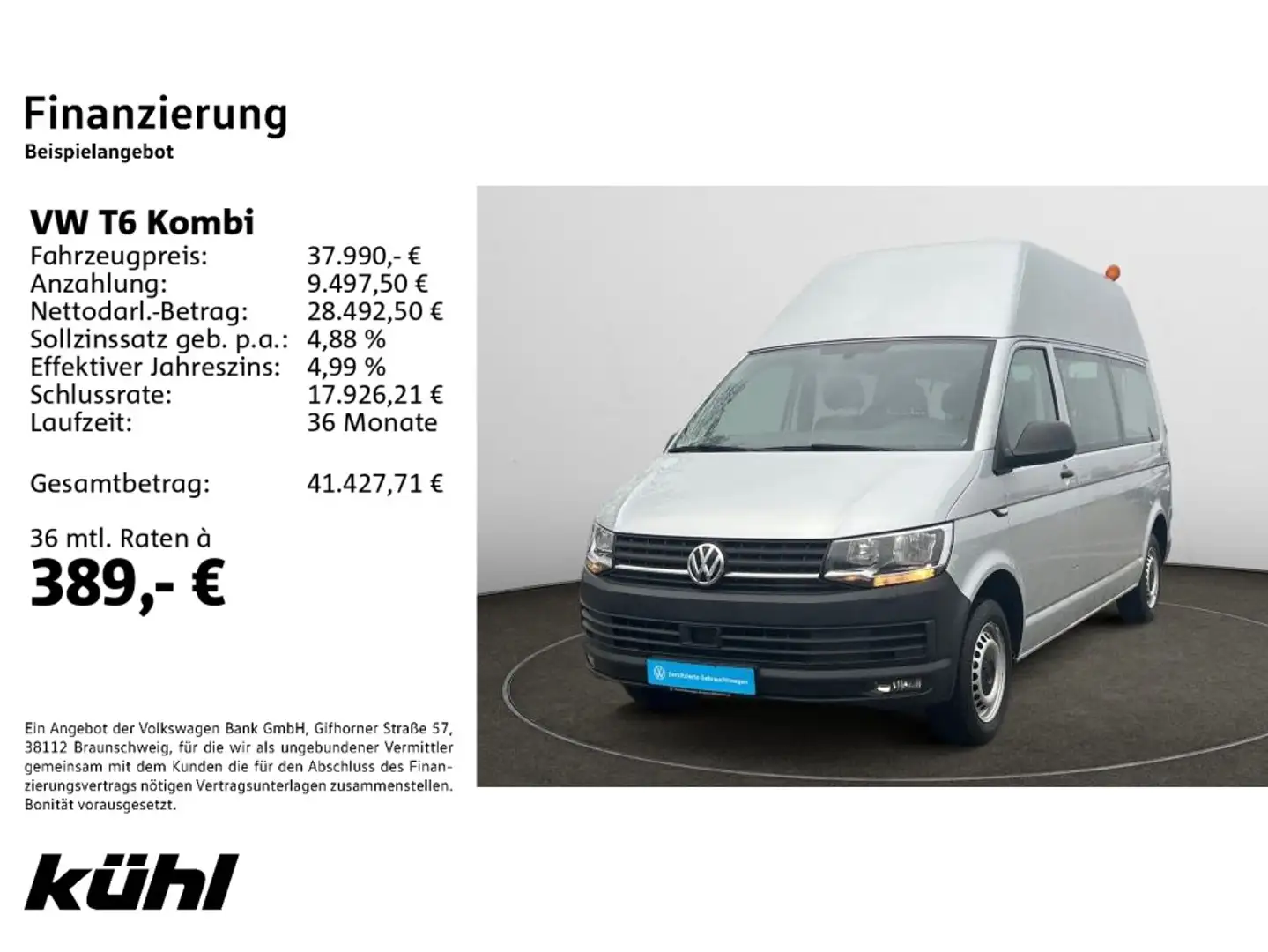 Volkswagen T6 Kombi 2.0 TDI 9. Sitzer Hochdach lang Rollstu Silber - 2