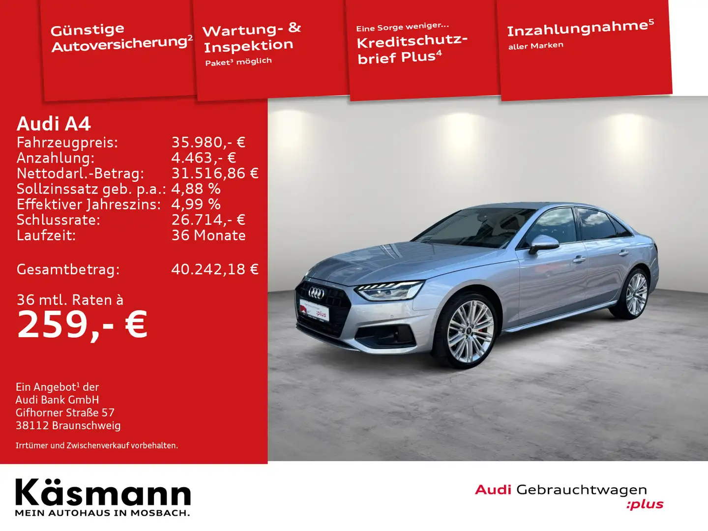 Audi A4 Lim. advanced 40TFSI LED KAM NAV SPORTSITZ Silber - 1