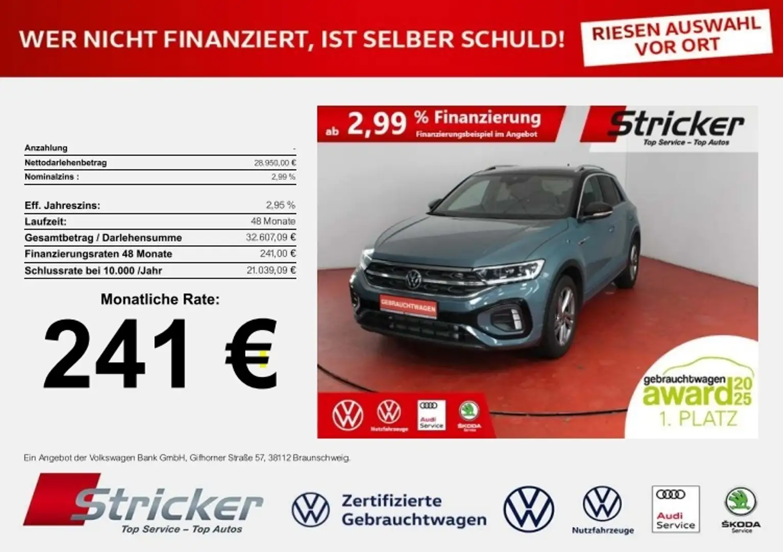 Volkswagen T-Roc R-Line 1.5TSI DSG 241,-ohne Anzahlung Navi AHK Ka Blau - 1