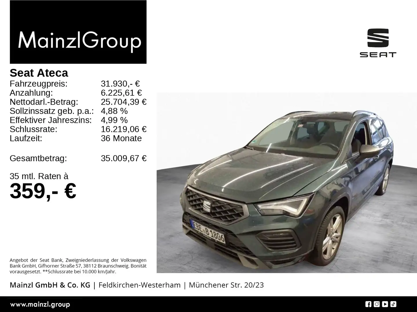SEAT Ateca 2.0 TDI 4D DSG FR AHK Pano SHZ Beats Kam. Grün - 1