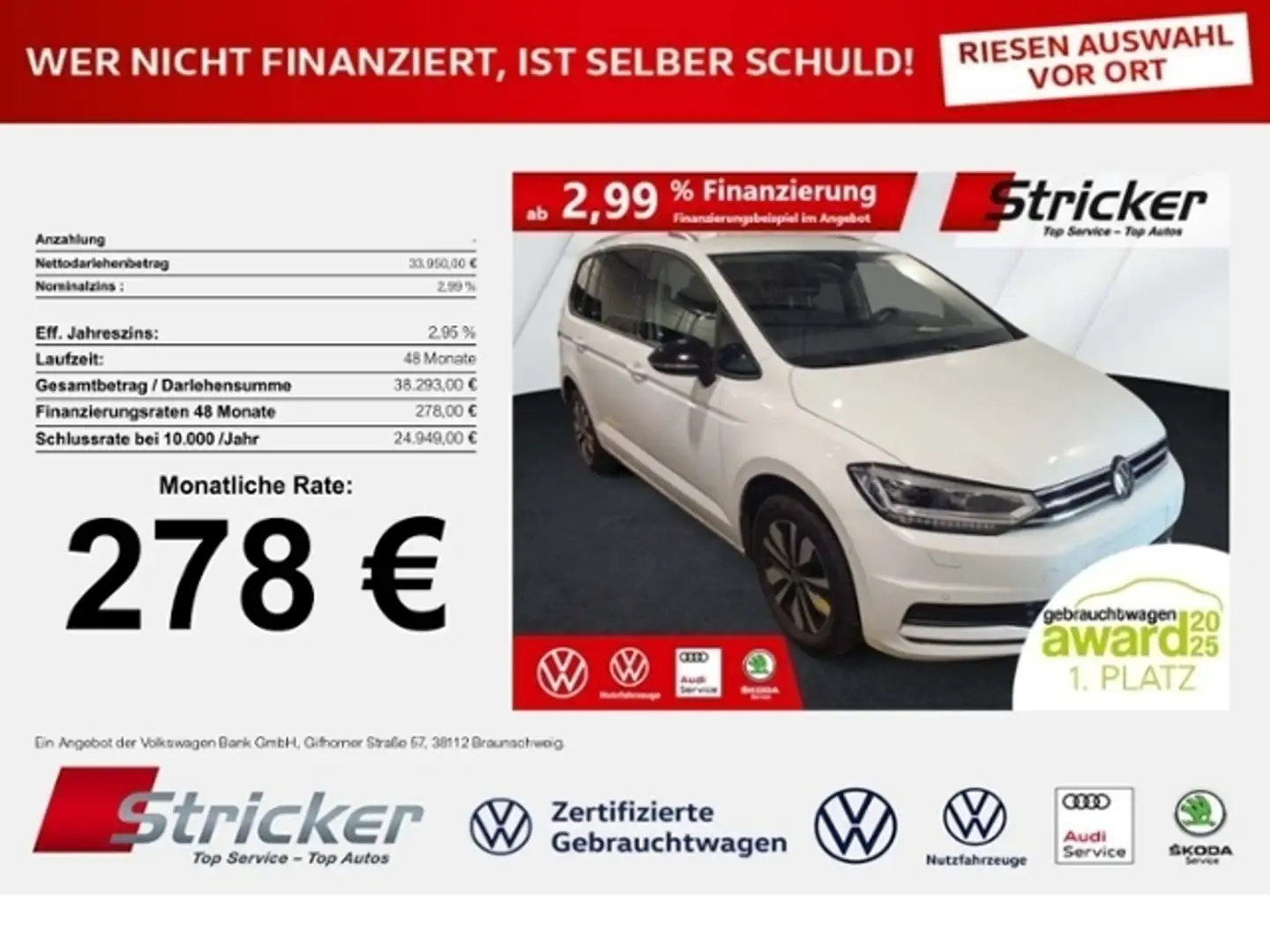 Volkswagen Touran Goal 2.0TDI DSG 278,-ohne Anzahlung 7-Sitzer AHK Weiß - 1
