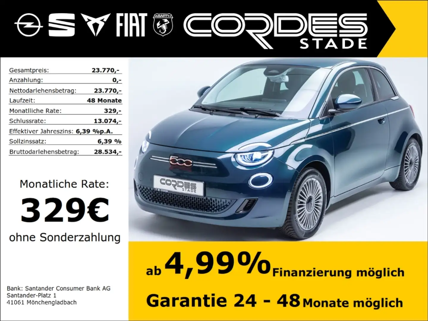 Fiat 500e Klimaautomatik, LED, PDC + Kamera, Allwetter, Carp Grün - 1