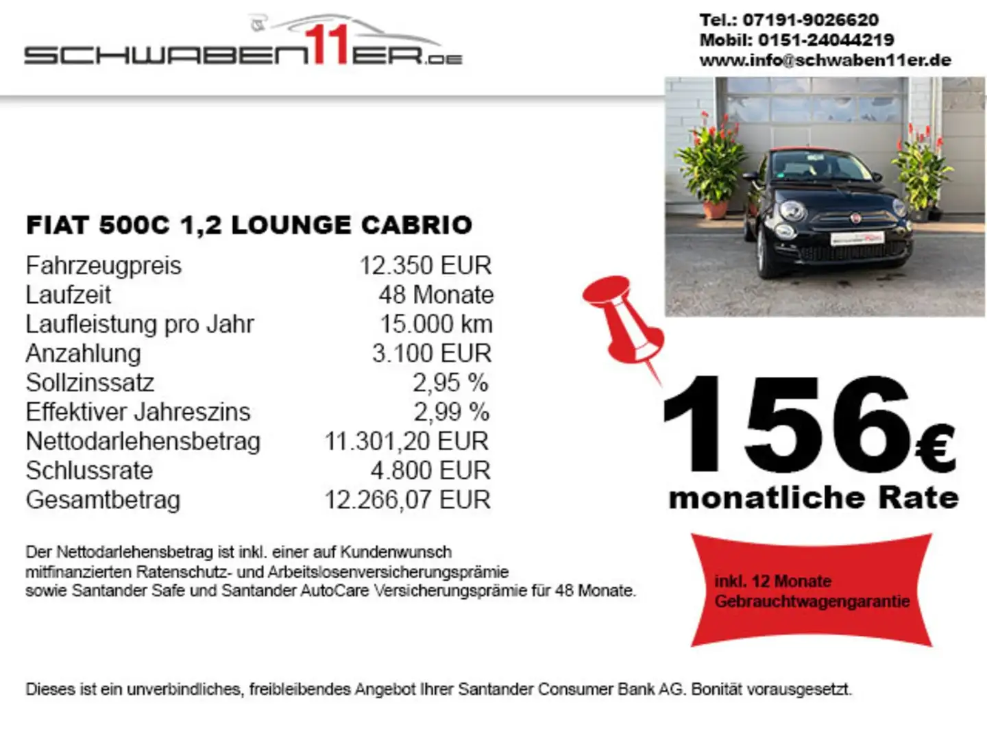 Fiat 500C Lounge - Garantie - ab 158 € pro Monat (Finanz.) Zwart - 1