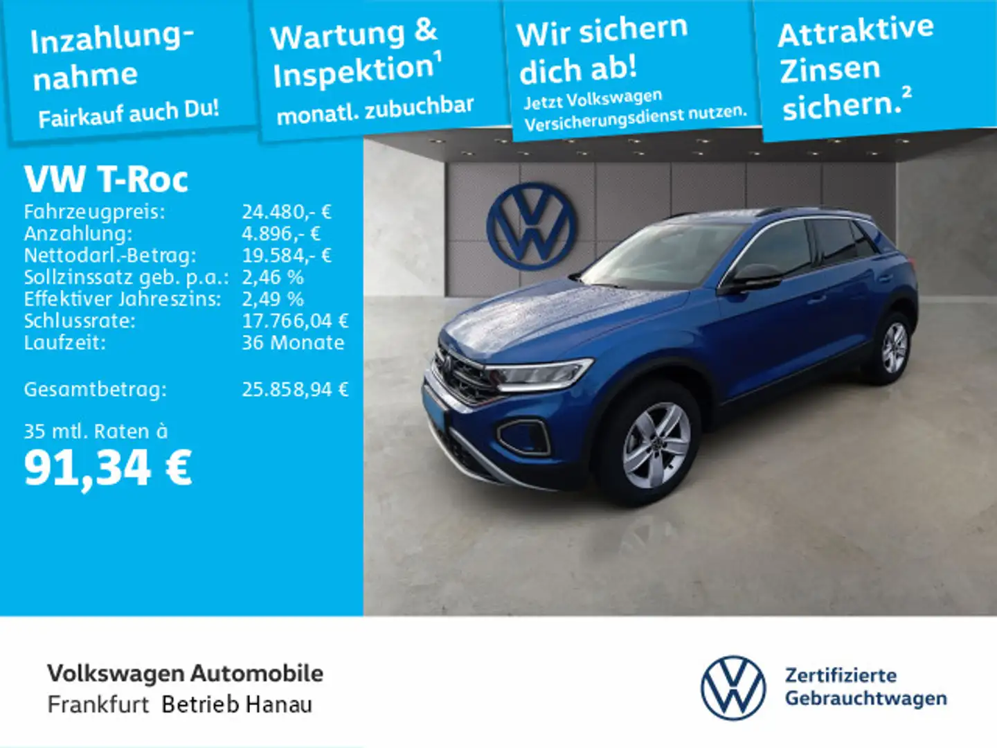 Volkswagen T-Roc 2.0 TDI Goal Navi LED DAB+ FrontAssist Blau - 1