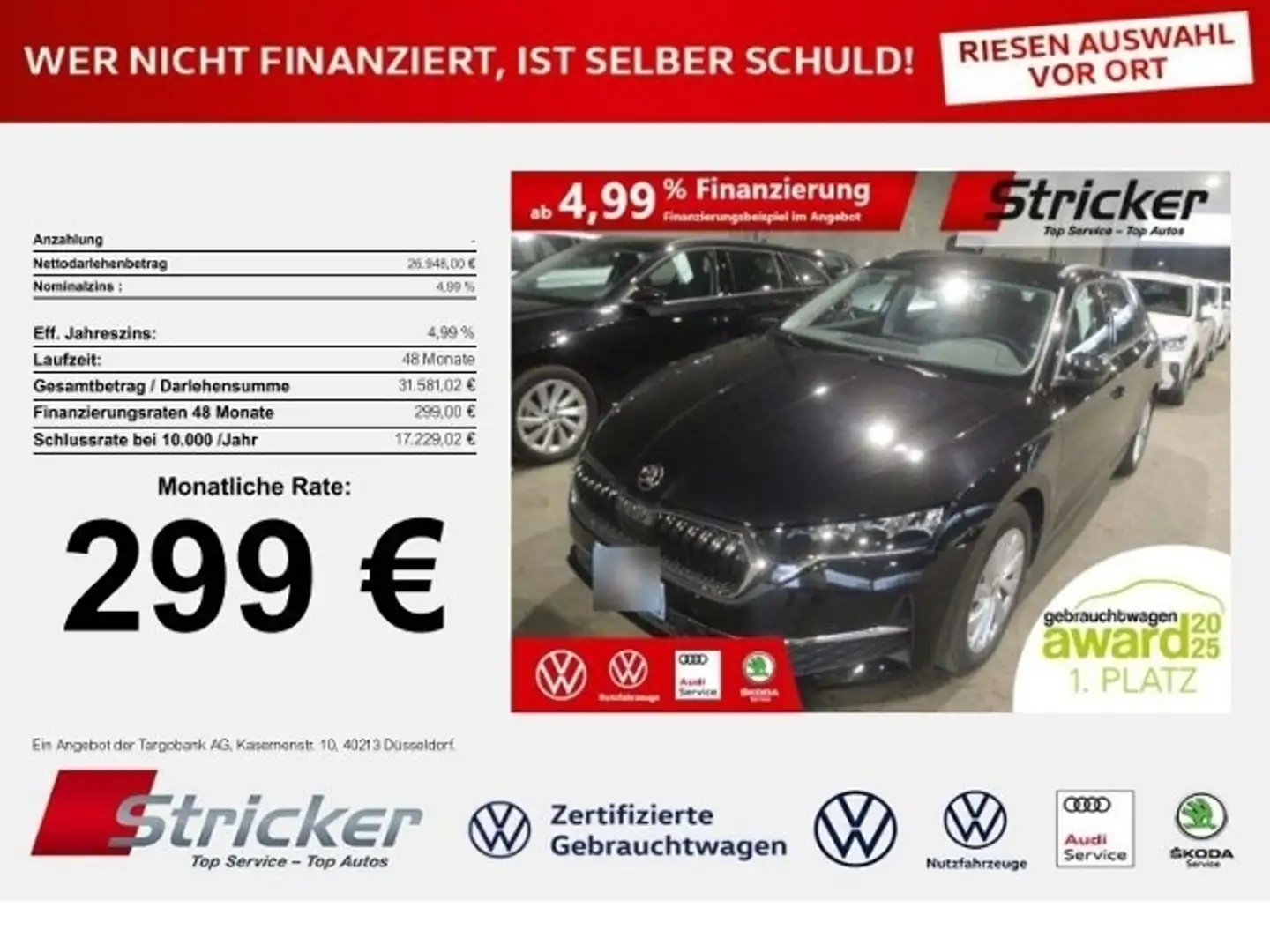 Skoda Octavia Selection 2.0TDI DSG 299,-ohne Anzahlung Navi ACC Schwarz - 1