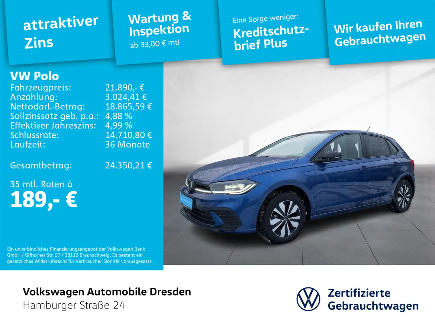 Volkswagen Polo GOAL 1.0 TSI IQ.LIGHT PANO APP TRAVEL Blau - 1