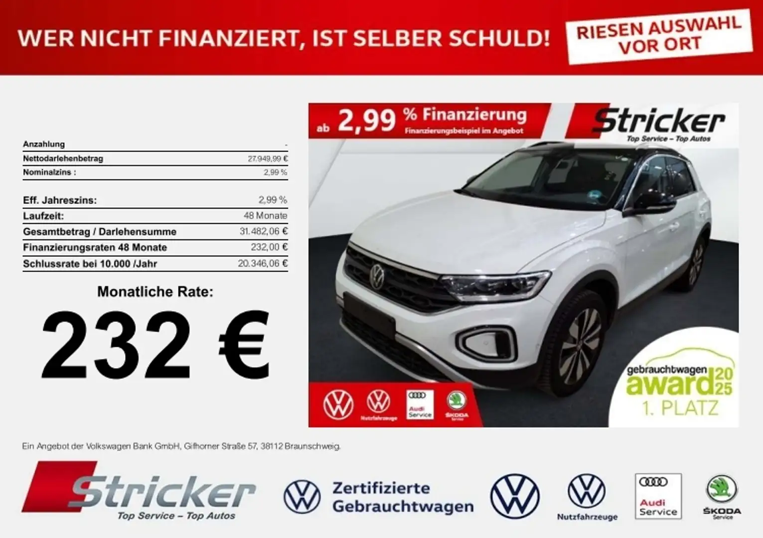 Volkswagen T-Roc GOAL 2.0TDI DSG 232,-ohne Anzahlung Navi AHK Kame Weiß - 1