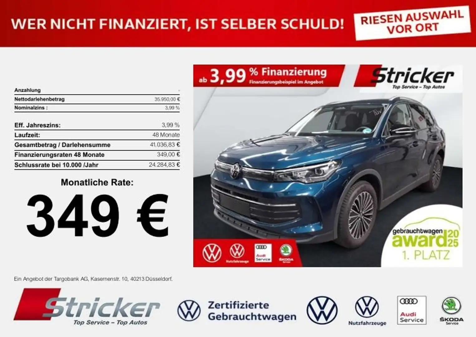 Volkswagen Tiguan Goal 2.0TDI DSG 349,-ohne Anzahlung Navi AHK Kame Blau - 2