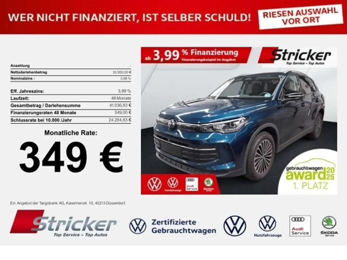 Volkswagen Tiguan Goal 2.0TDI DSG 349,-ohne Anzahlung Navi AHK Kame Blau - 1