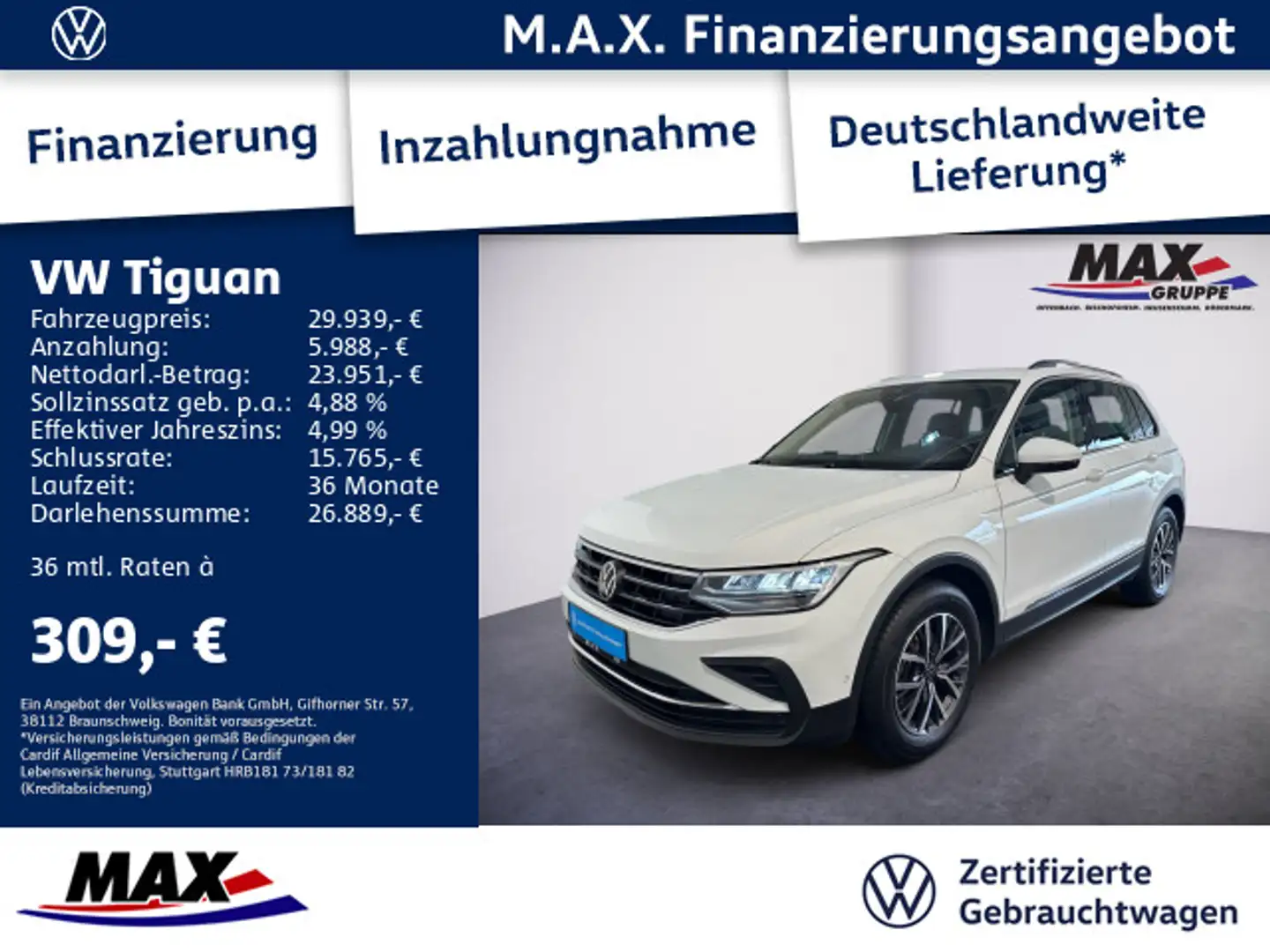 Volkswagen Tiguan 1.5 TSI DSG LIFE LED+NAVI+AHK+KAMERA+ACC+ Weiß - 1