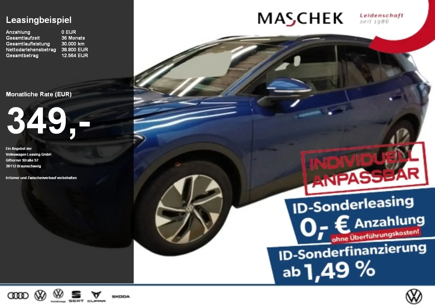 Volkswagen ID.4 Pro Sonderleasing! Panorama Wärmepump ACC Blau - 1