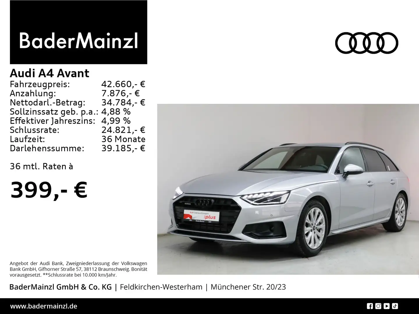 Audi A4 40 TFSI quattro S tronic Virtu AHK 360° Silber - 1