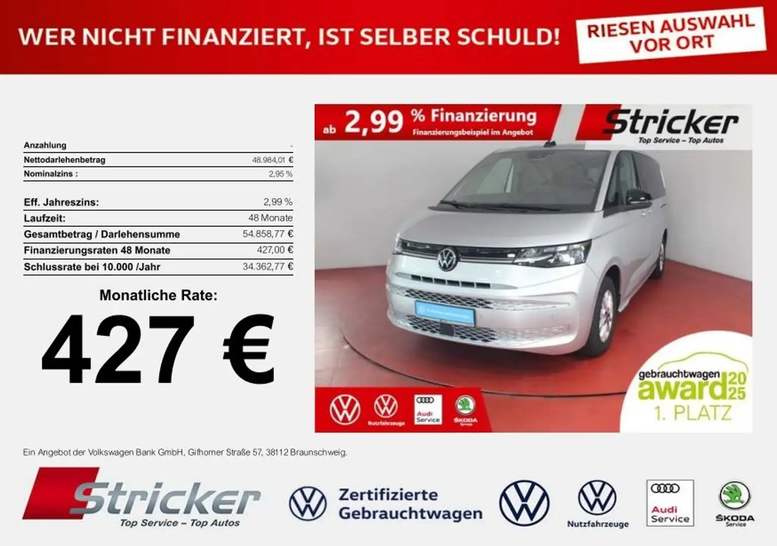 Volkswagen T7 Multivan Life lang 2.0TDI DSG 427,-ohne Anzahlung Kamera N Silber - 1