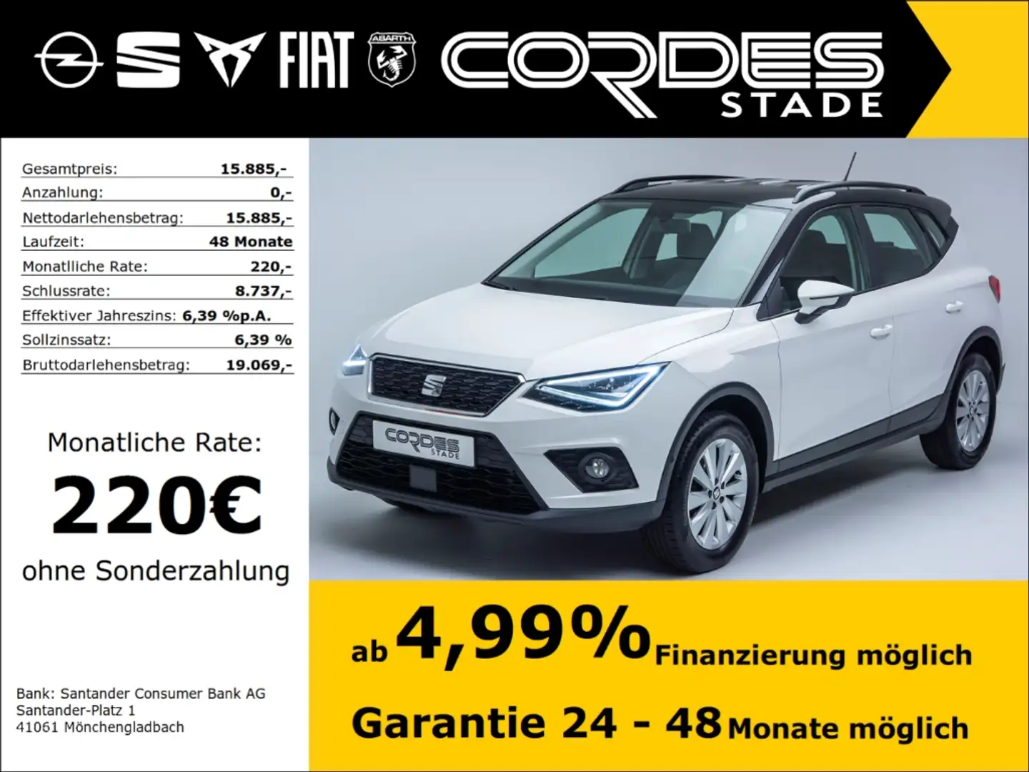 SEAT Arona Style 1.0 TSI Automatik PDC v&h Navi (137+) Weiß - 1