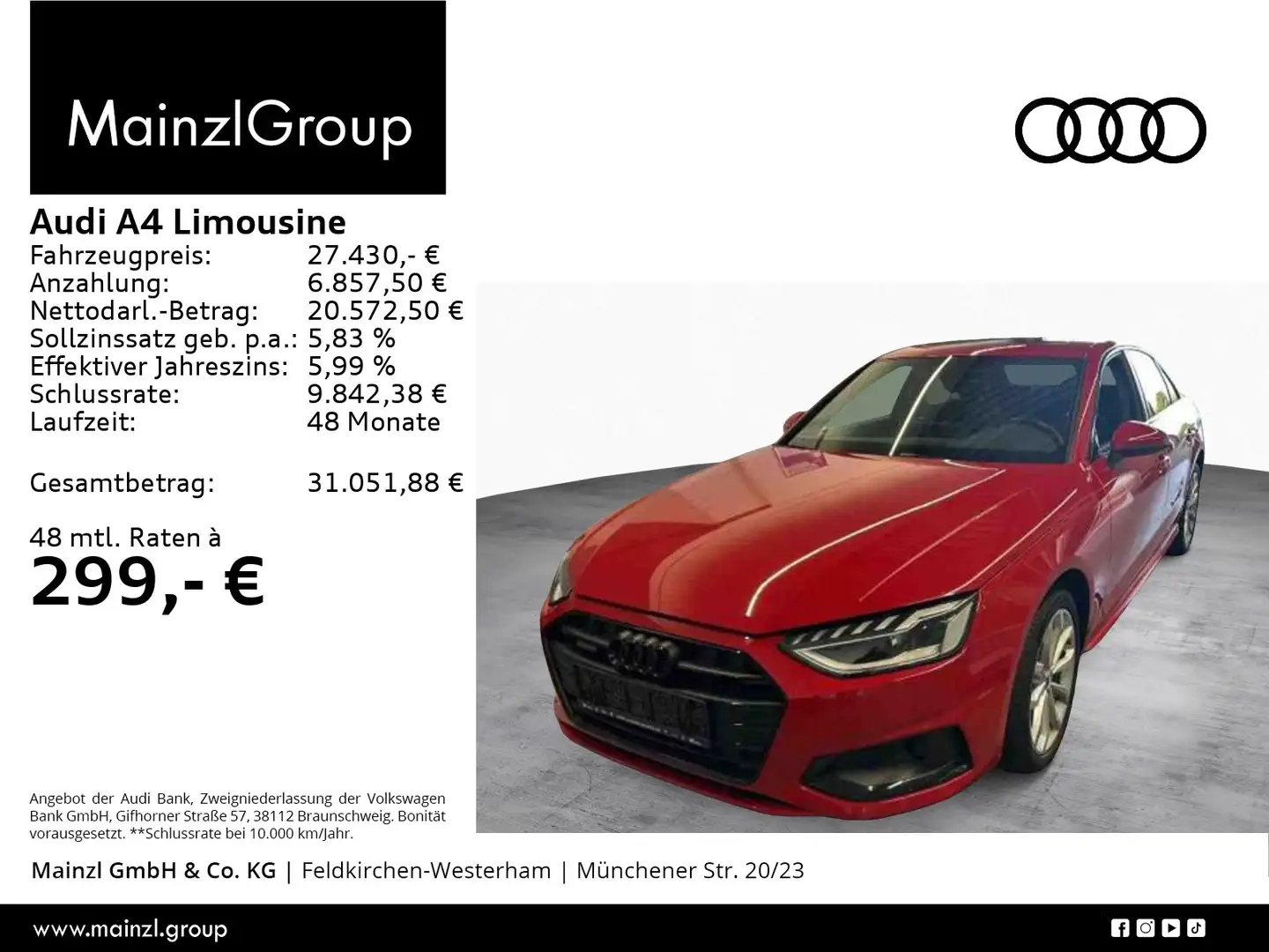 Audi A4 45 TDI quattro tiptronic Pano Leder Rot - 1