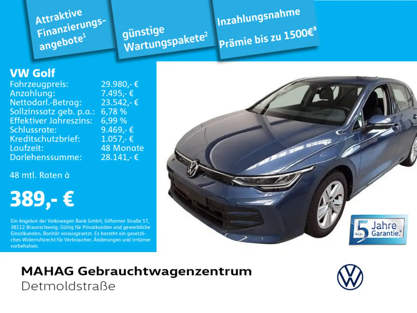 Volkswagen Golf 1.5 eTSI Life LED Navi AreaView DSG Blau - 1