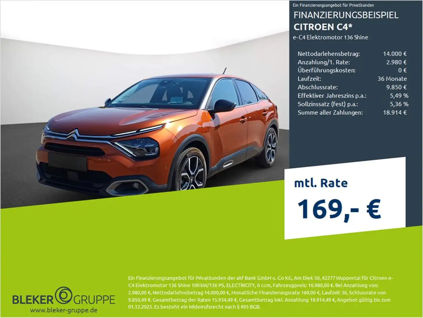 Citroen C4 e-C4 Elektromotor 136 Shine Orange - 1