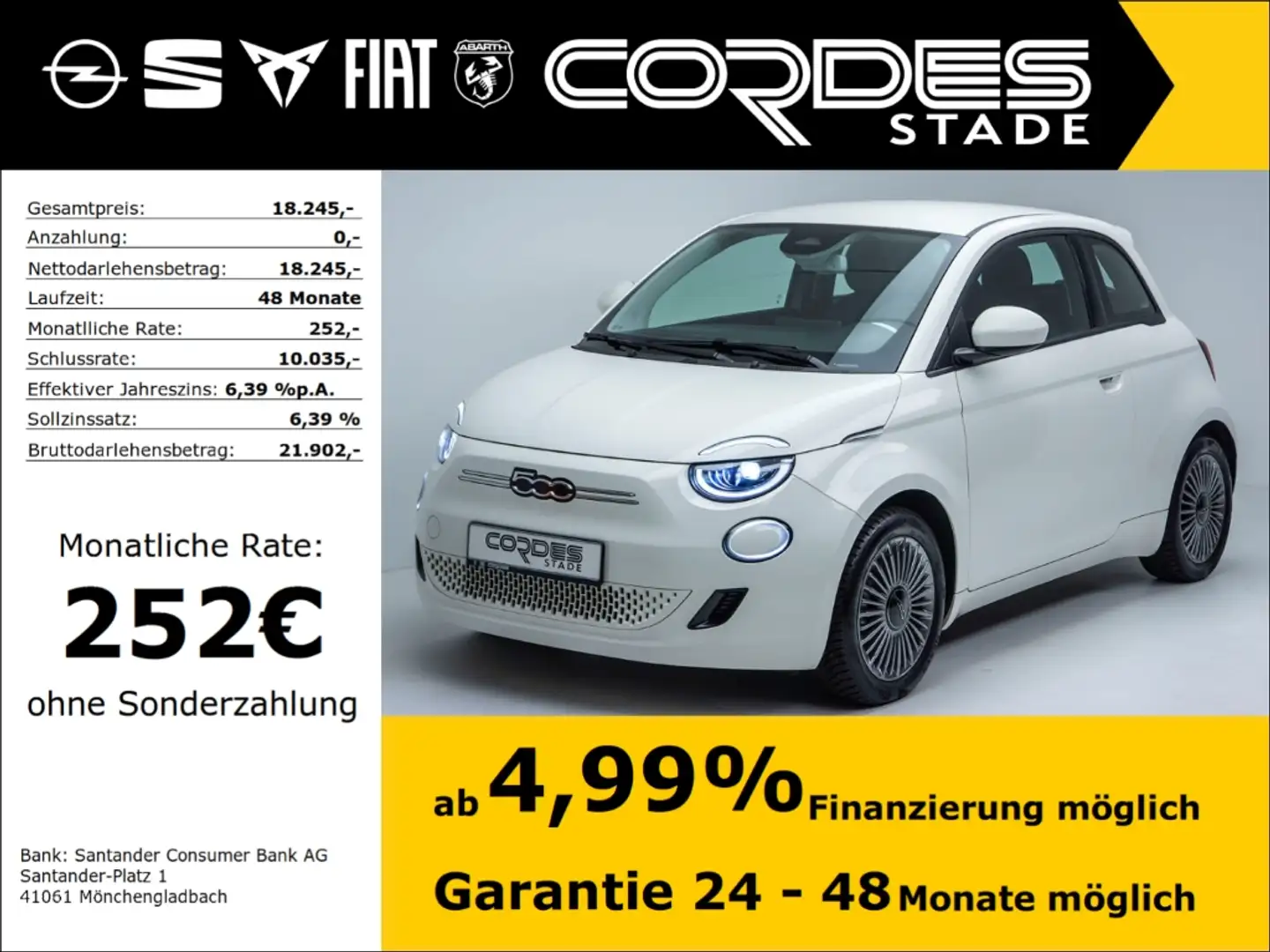 Fiat 500e Icon Automatik Allwetterreifen Kamera Navi LED (24 Wit - 1
