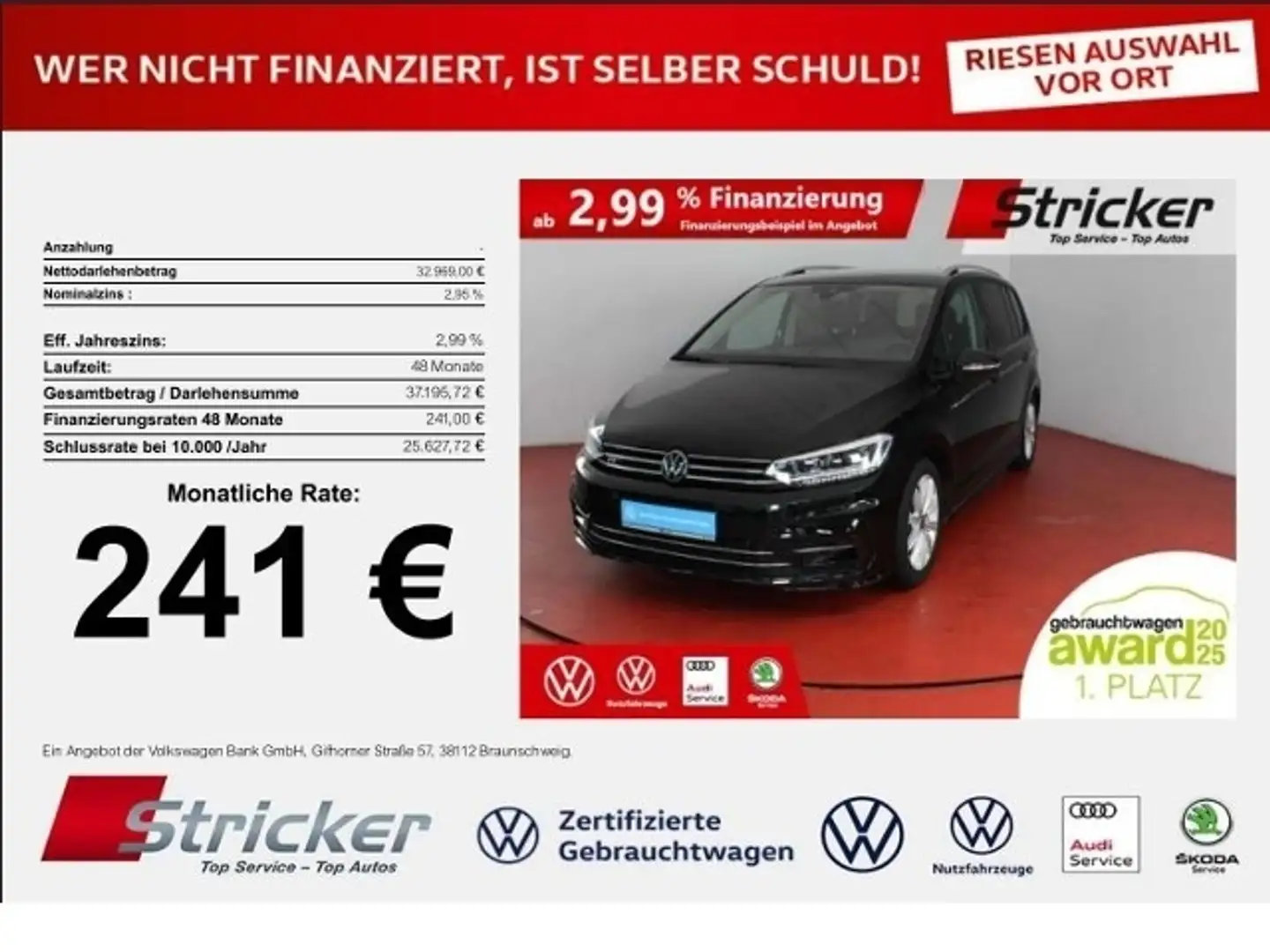 Volkswagen Touran R-Line 1.5TSI DSG 241,-ohne Anzahlung Navi Kamera Schwarz - 1