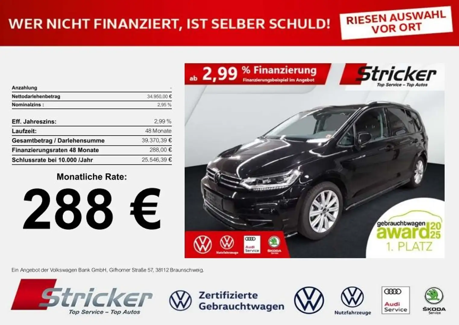 Volkswagen Touran R-Line 1.5TSI DSG 288,-ohne Anzahlung Navi Kamera Schwarz - 1