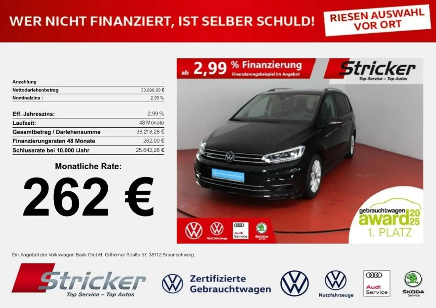 Volkswagen Touran R-Line 1.5TSI DSG 262,-ohne Anzahlung Navi Kamera Schwarz - 1