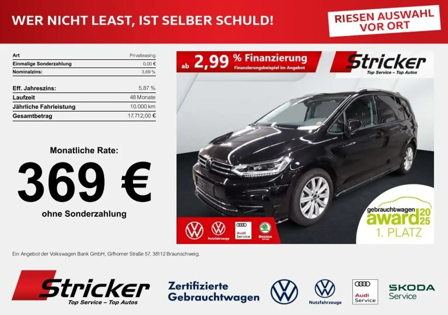 Volkswagen Touran R-Line 1.5TSI DSG 288,-ohne Anzahlung Navi Kamera Schwarz - 2