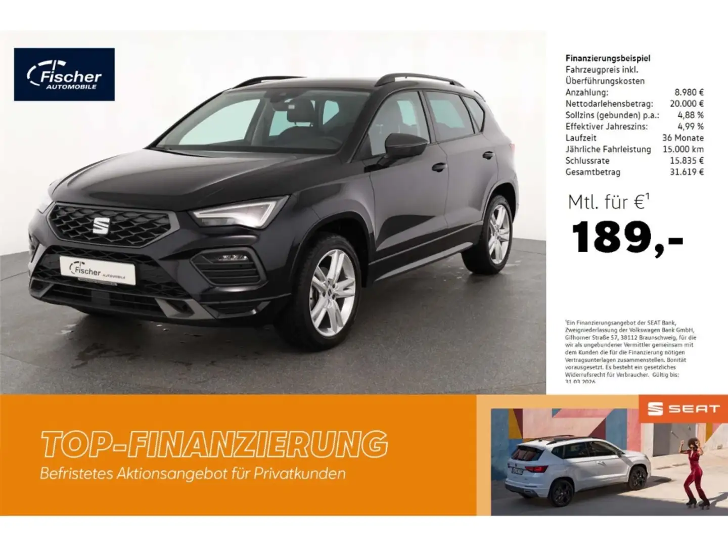 SEAT Ateca 1.5 TSI FR DSG LED/Virt./RFK/el.Heckklappe Schwarz - 1