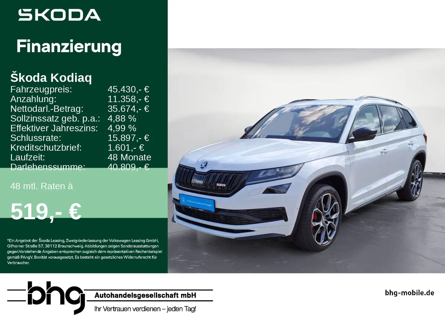 Skoda Kodiaq 2.0 Bi-TDI 4x4 DSG RS Panoramaschiebedach Weiß - 1
