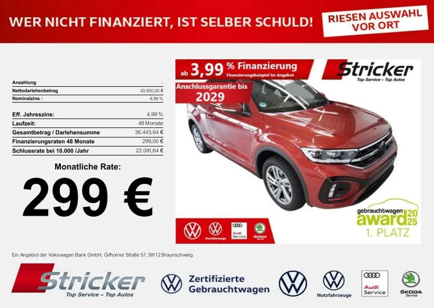 Volkswagen T-Roc Cabriolet R-Line 1.5TSI 299,-ohne Anzahlung Navi Rot - 1