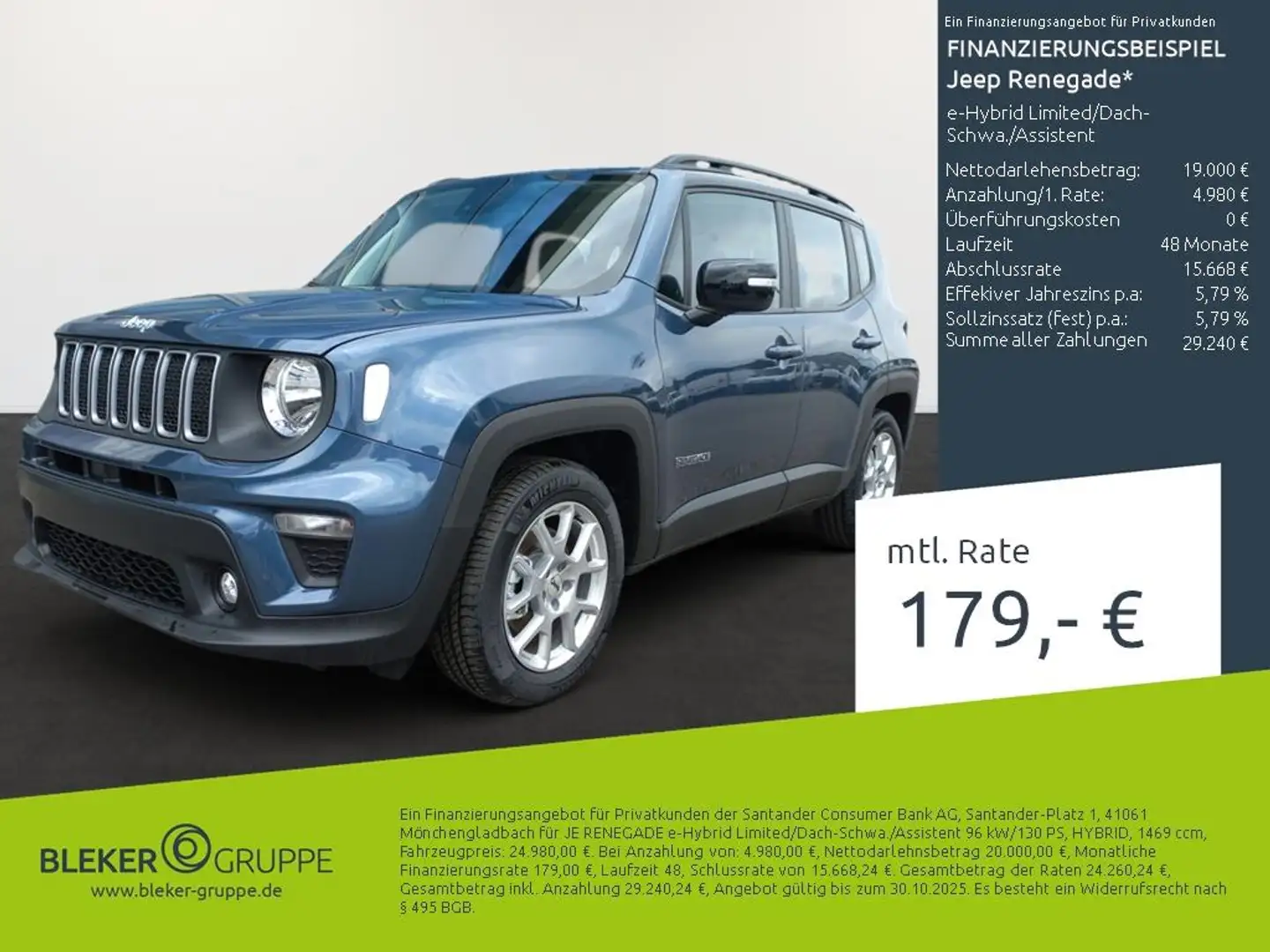 Jeep Renegade e-Hybrid Limited/Dach-Schwa./Assistent Blau - 1