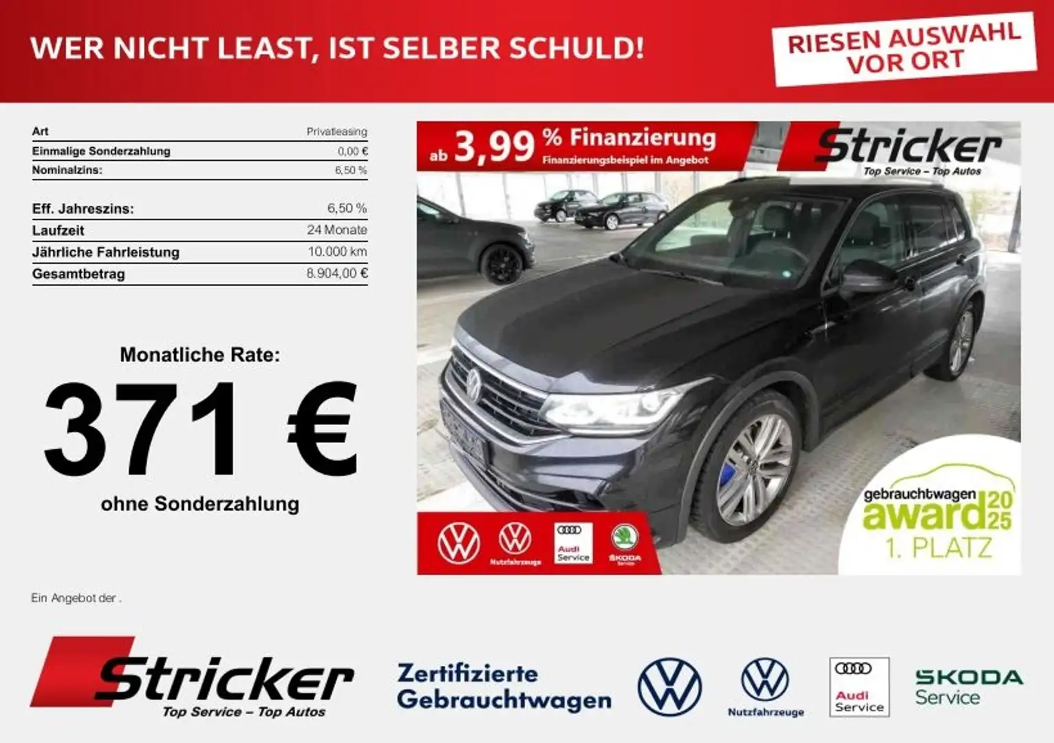 Volkswagen Tiguan R Black Style 2.0TSI 371,-ohne Anzahlung AHK Lede Schwarz - 1