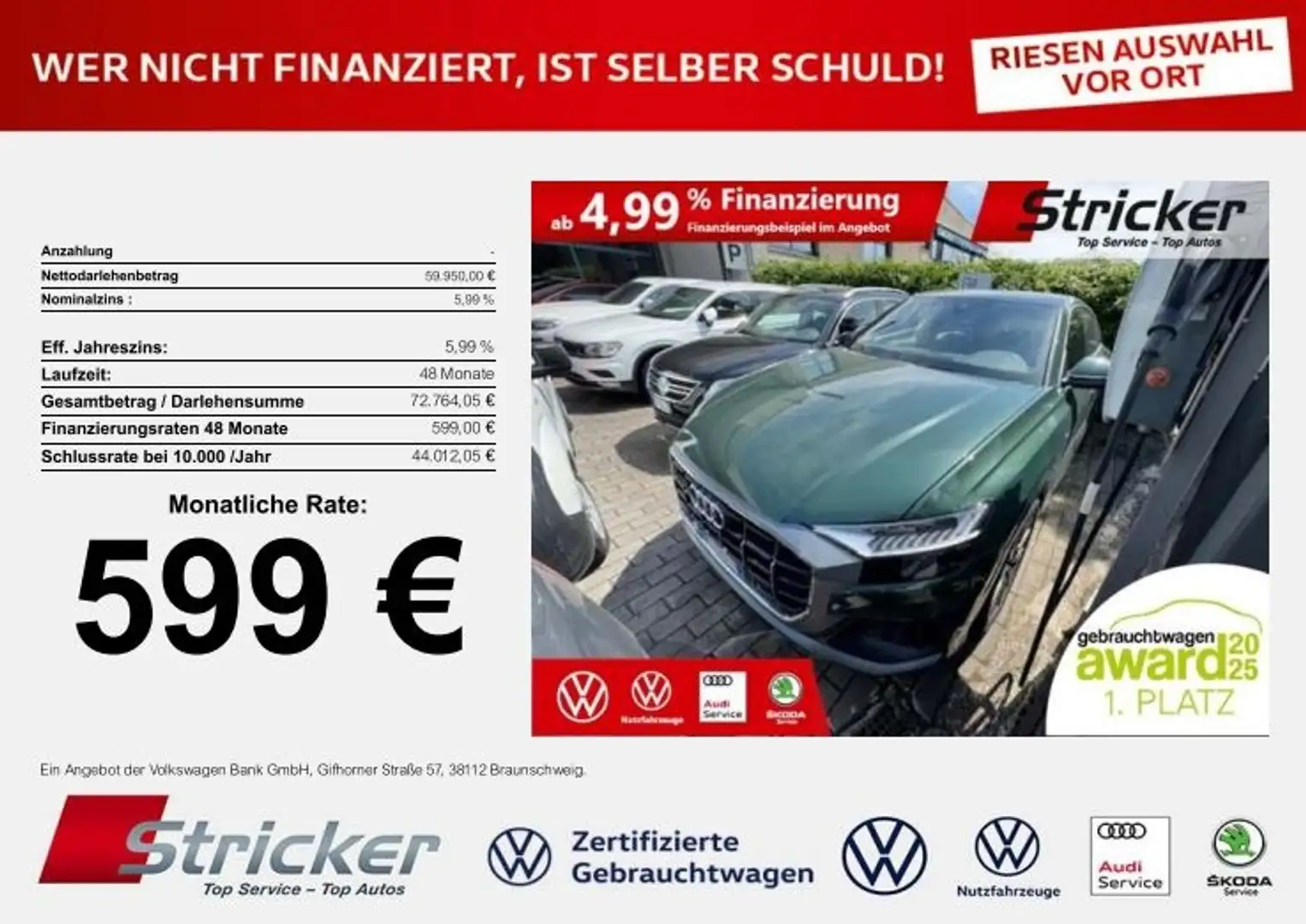 Audi Q8 S-Line 55TFSI 654,-ohne Anzahlung B&O Luft Matrix Grün - 2